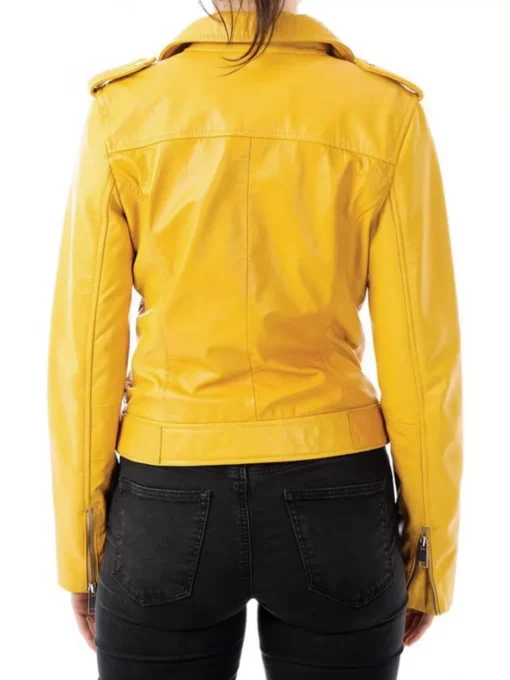 Yellow Lambskin Leather Motorcycle Jacket with Belt for Women