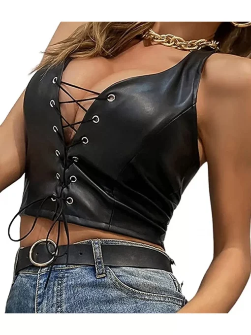 Women's Fashion Black Leather Top