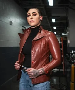 WWE Rhea Ripley Brown Leather Biker Jacket